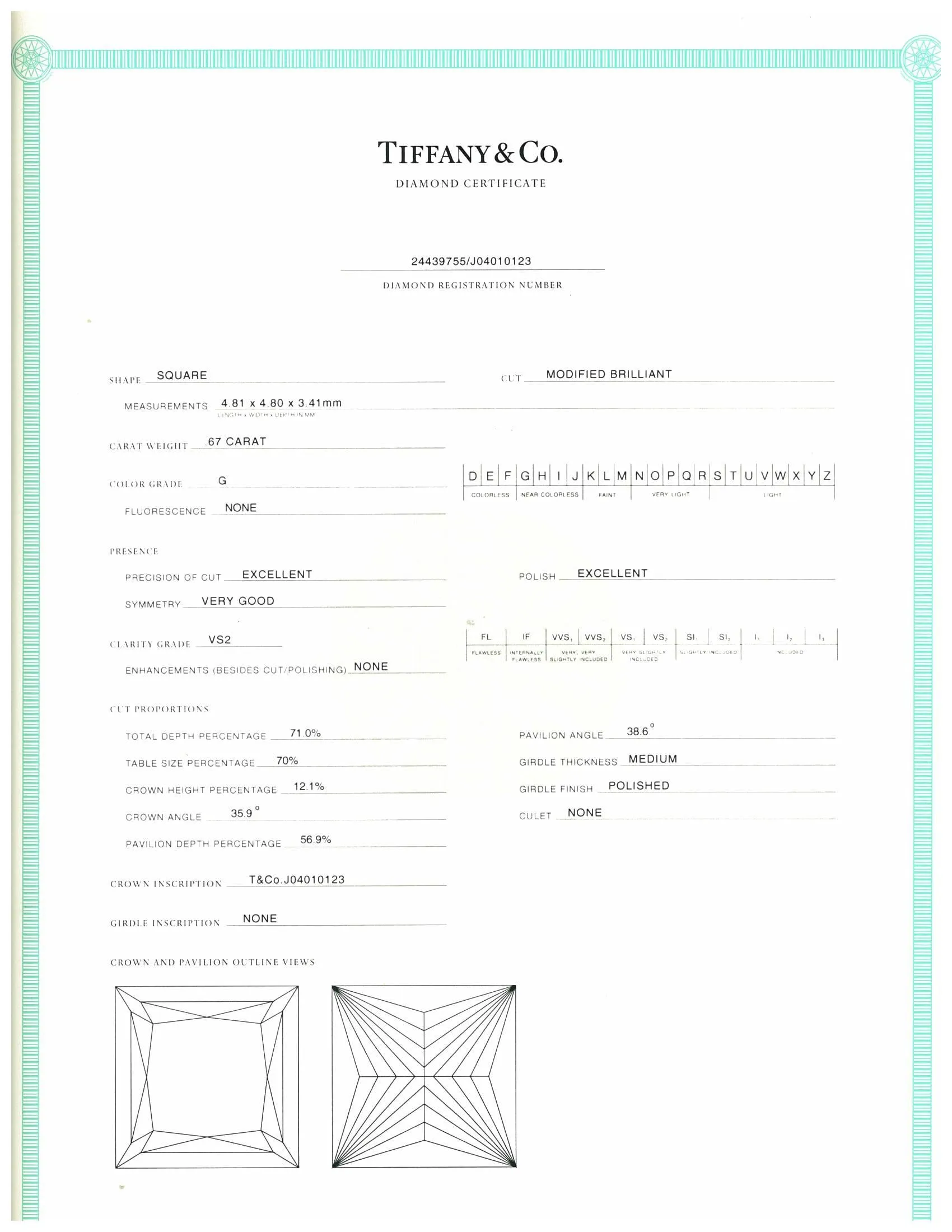 Tiffany & Co. Platinum Diamond Princess Cut Engagement Ring .67ct GVS2
