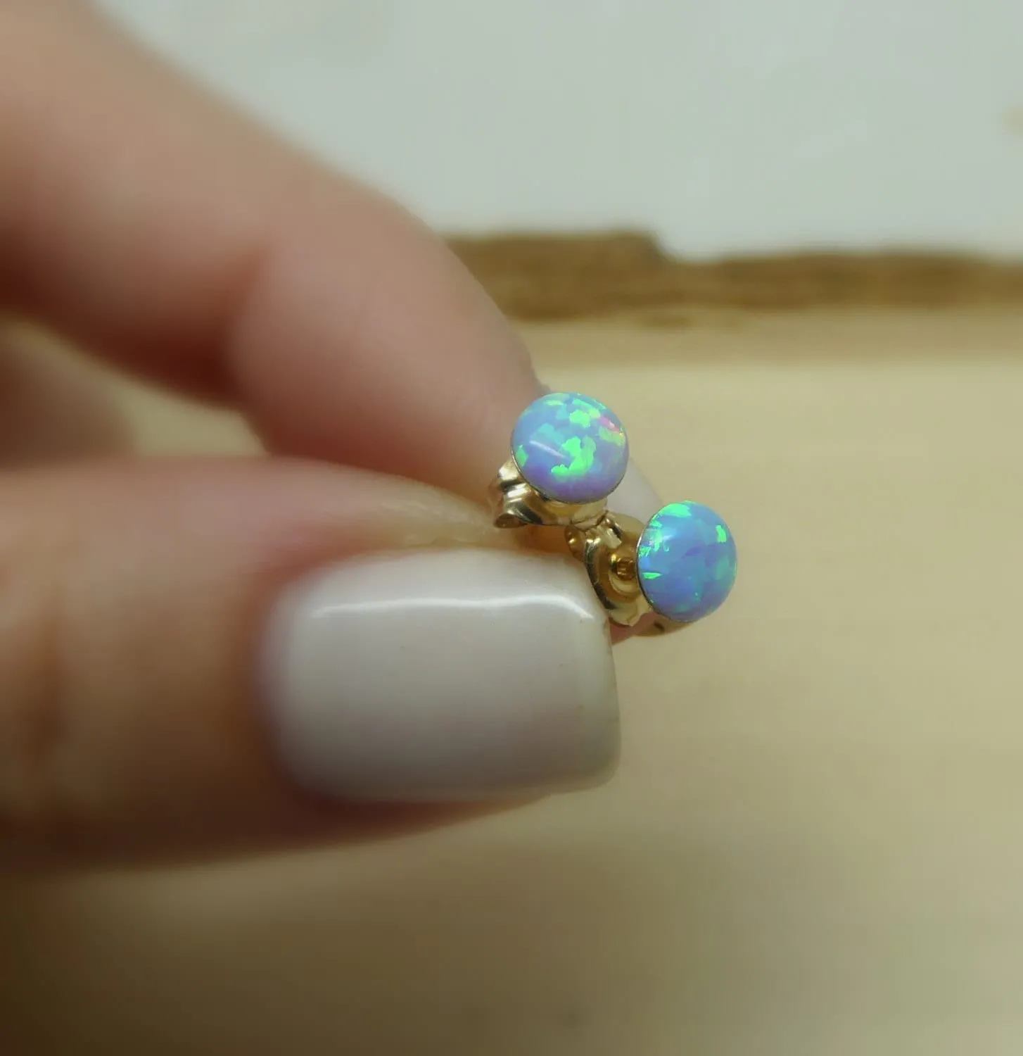 Tiny Blue Opal Stud Earrings