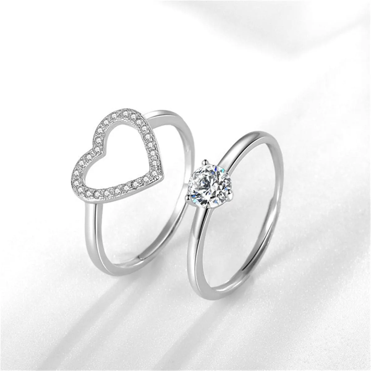 Two-Piece Crystal & Cubic Zirconia Open Heart Ring Set
