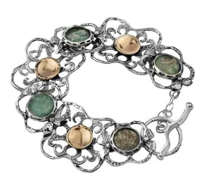 Two Tone Roman Glass Bracelet Solid 9k Yellow Gold 925 Sterling Silver Green Roman Glass  Silver Gold Bracelet Free Shipping!
