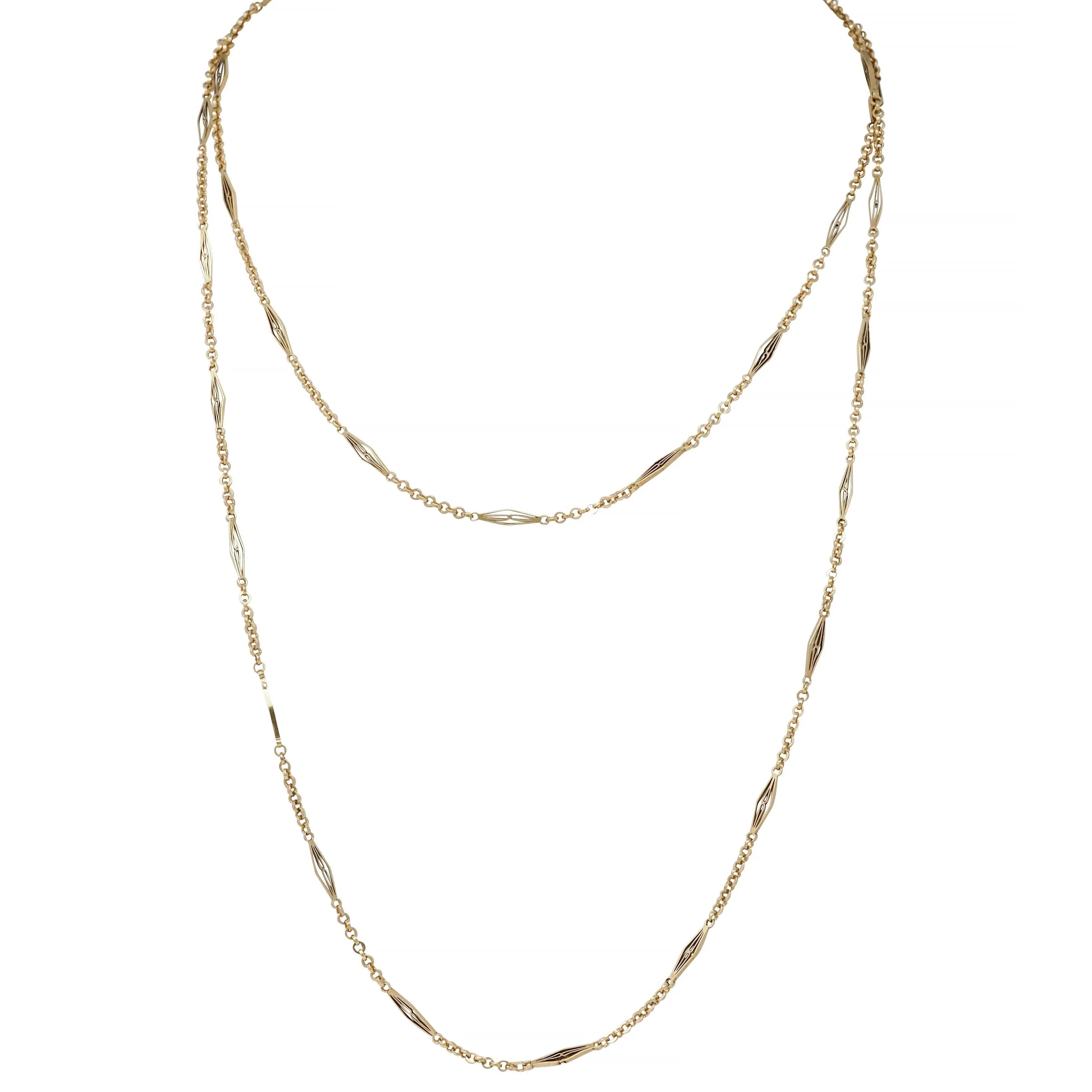 Victorian 10 Karat Gold Navette Link 54 IN Long Antique Fob Chain Necklace