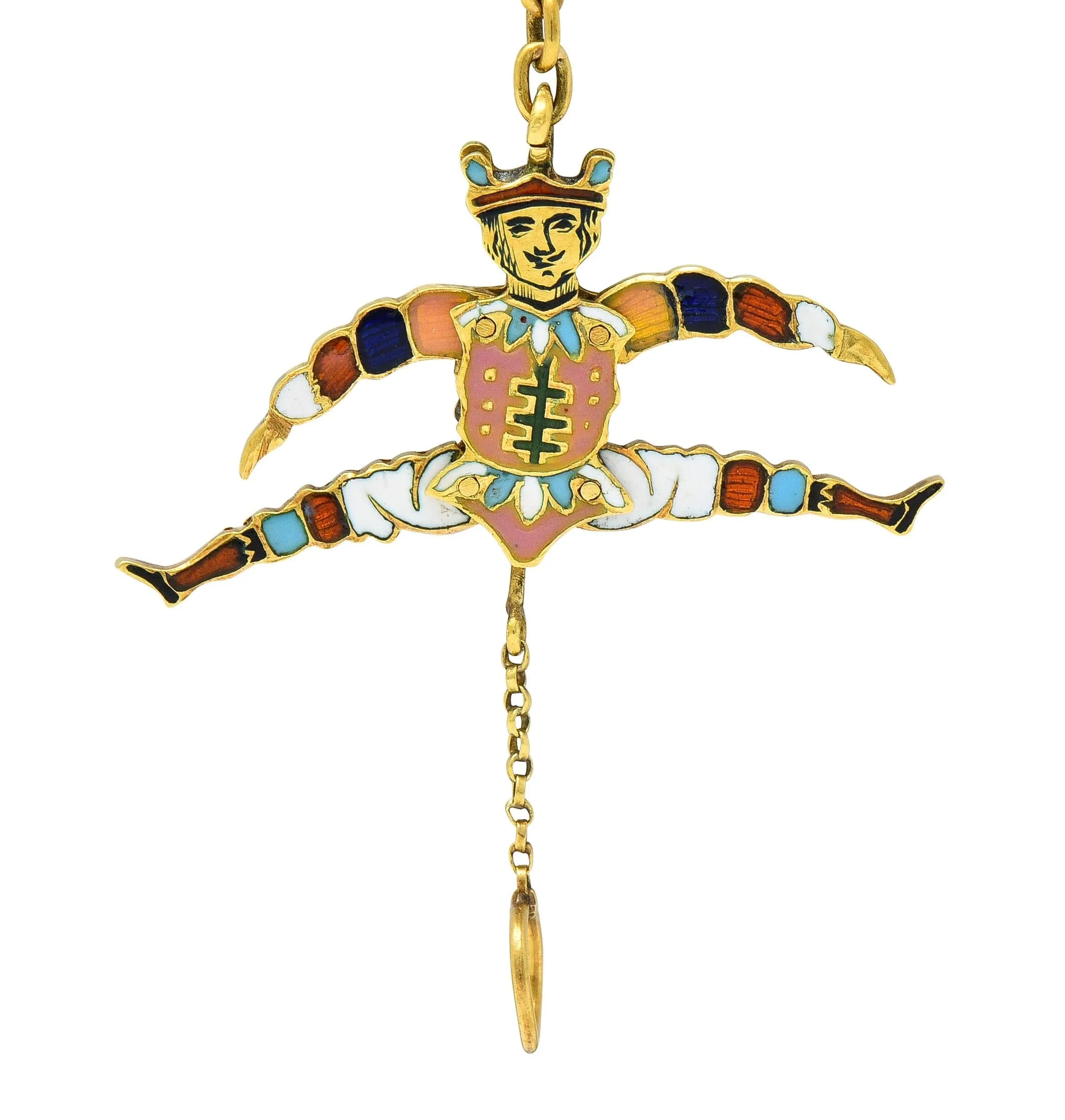Victorian French Enamel 18 Karat Yellow Gold Jester Articulated Antique Charm