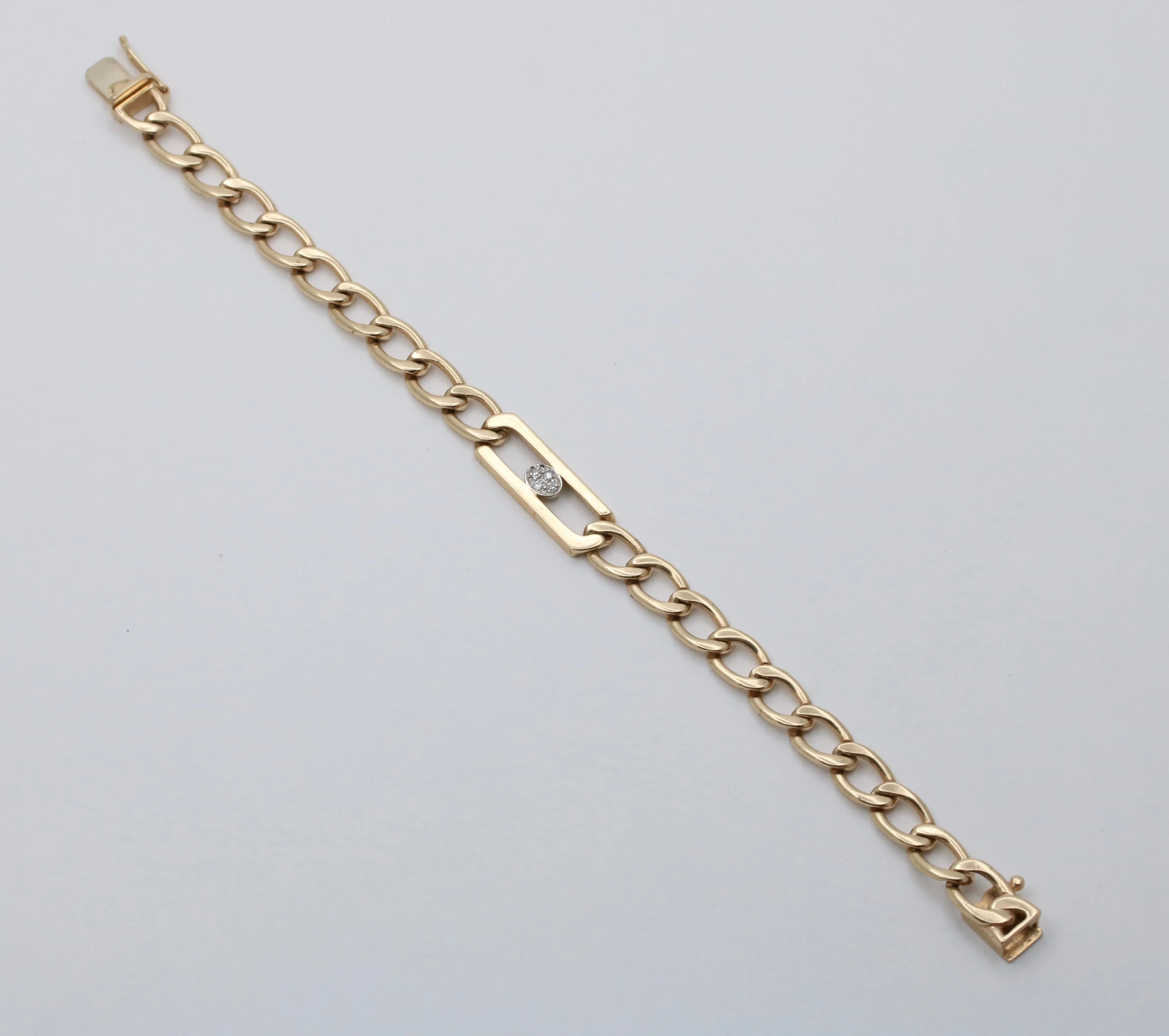 Vintage 14K Gold and Diamond Flat Curb Link Bracelet, 6.5” Long