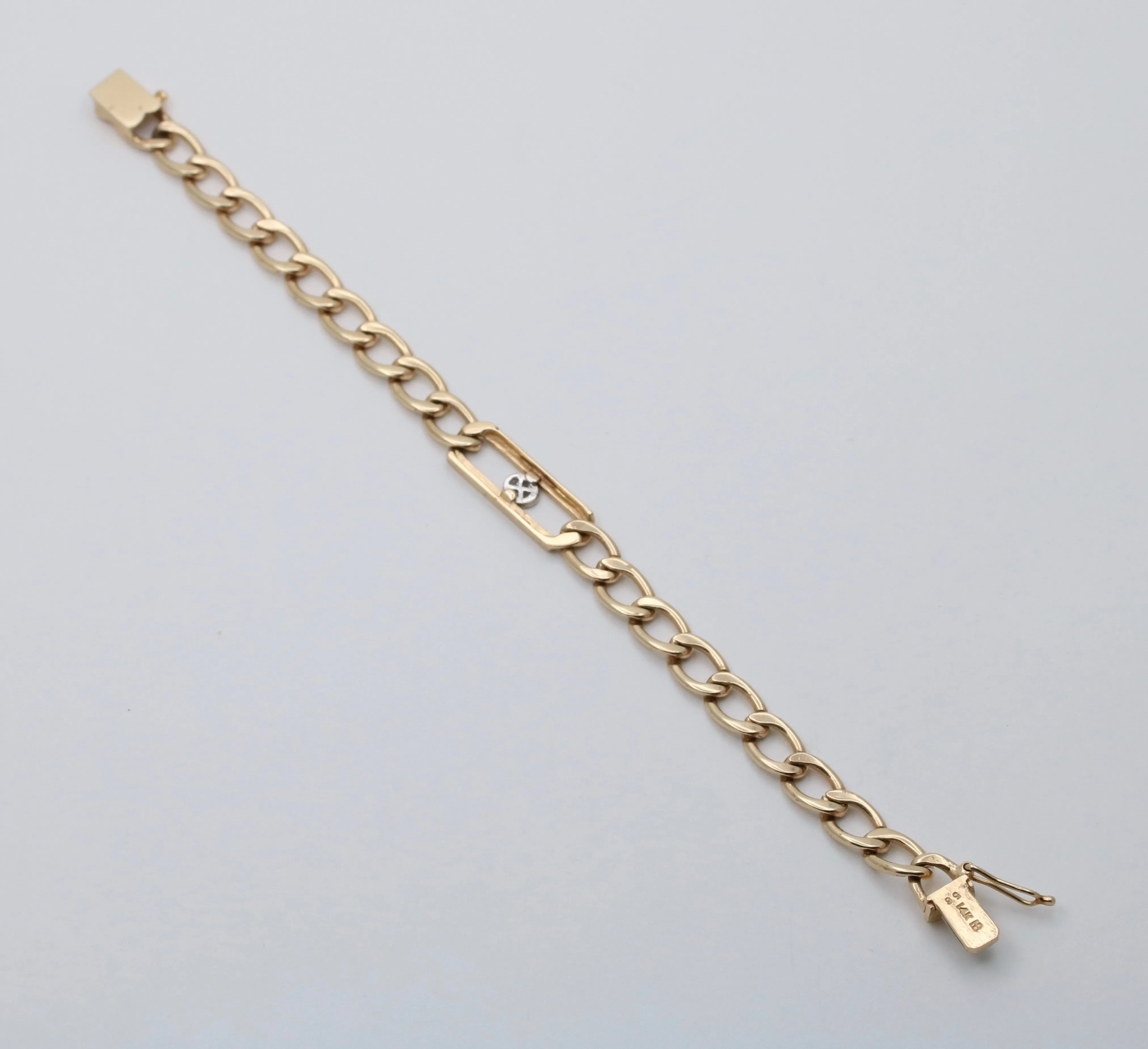 Vintage 14K Gold and Diamond Flat Curb Link Bracelet, 6.5” Long