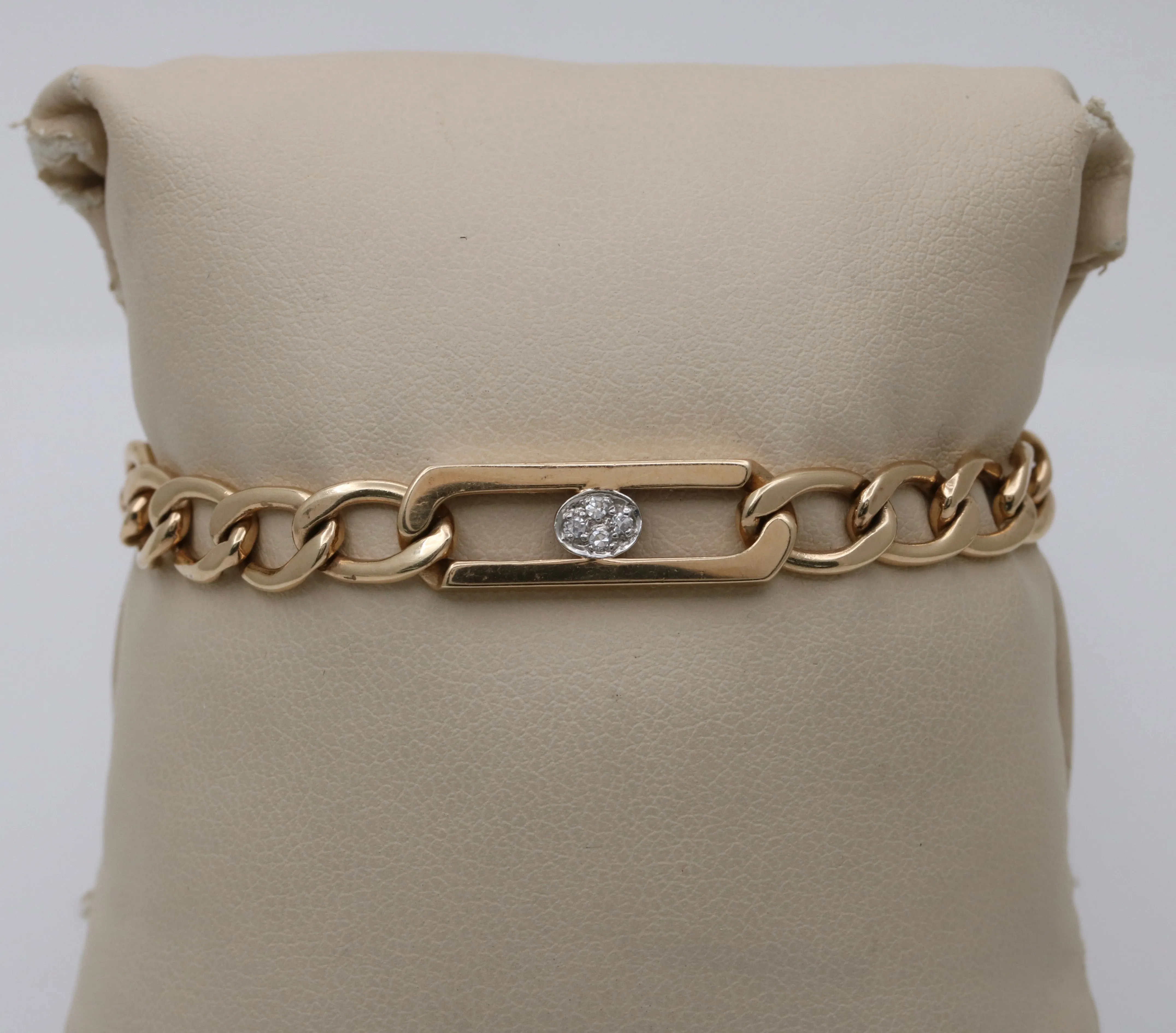 Vintage 14K Gold and Diamond Flat Curb Link Bracelet, 6.5” Long