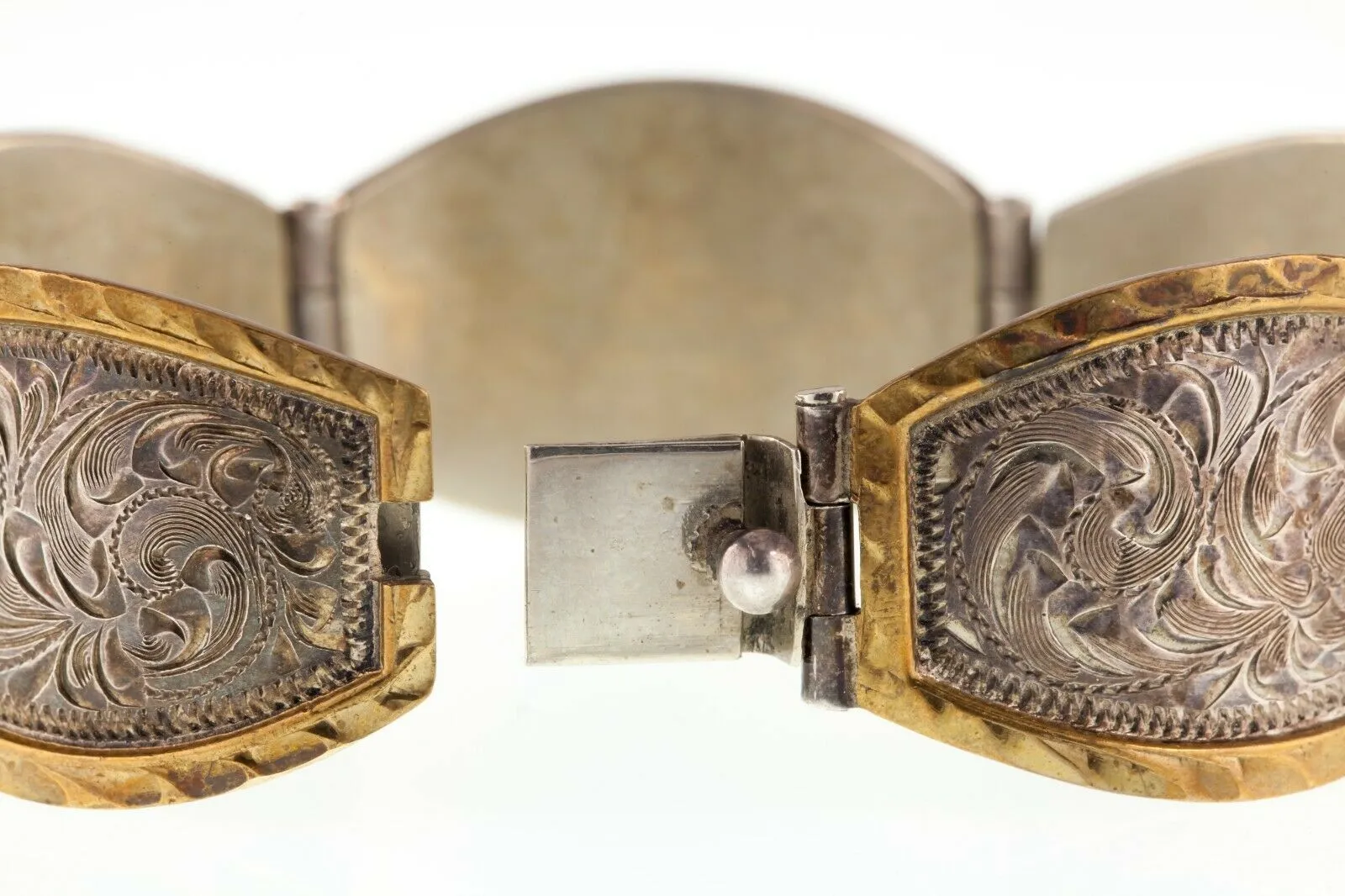 Vintage Mexico Sterling Silver & Brass Hand Engraving Link Bracelet 7.00"