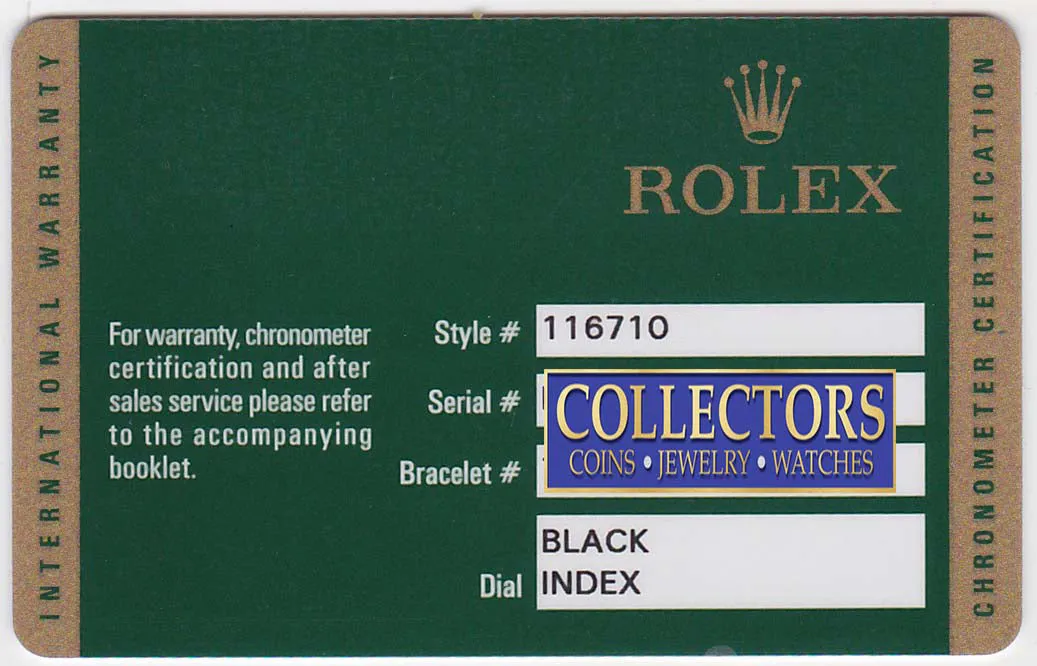 Warranty Papers Rolex GMT Master II 116710 Steel Black Ceramic Watch Box