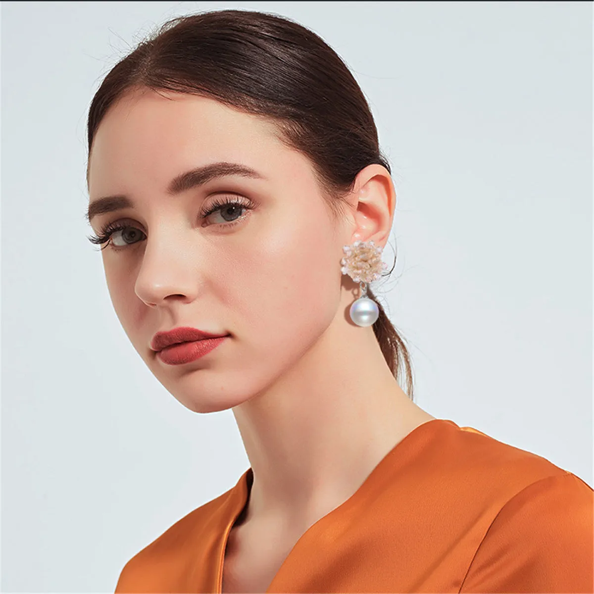 White Acrylic & Pearl Silver-Plated Bead Cluster Drop Earrings