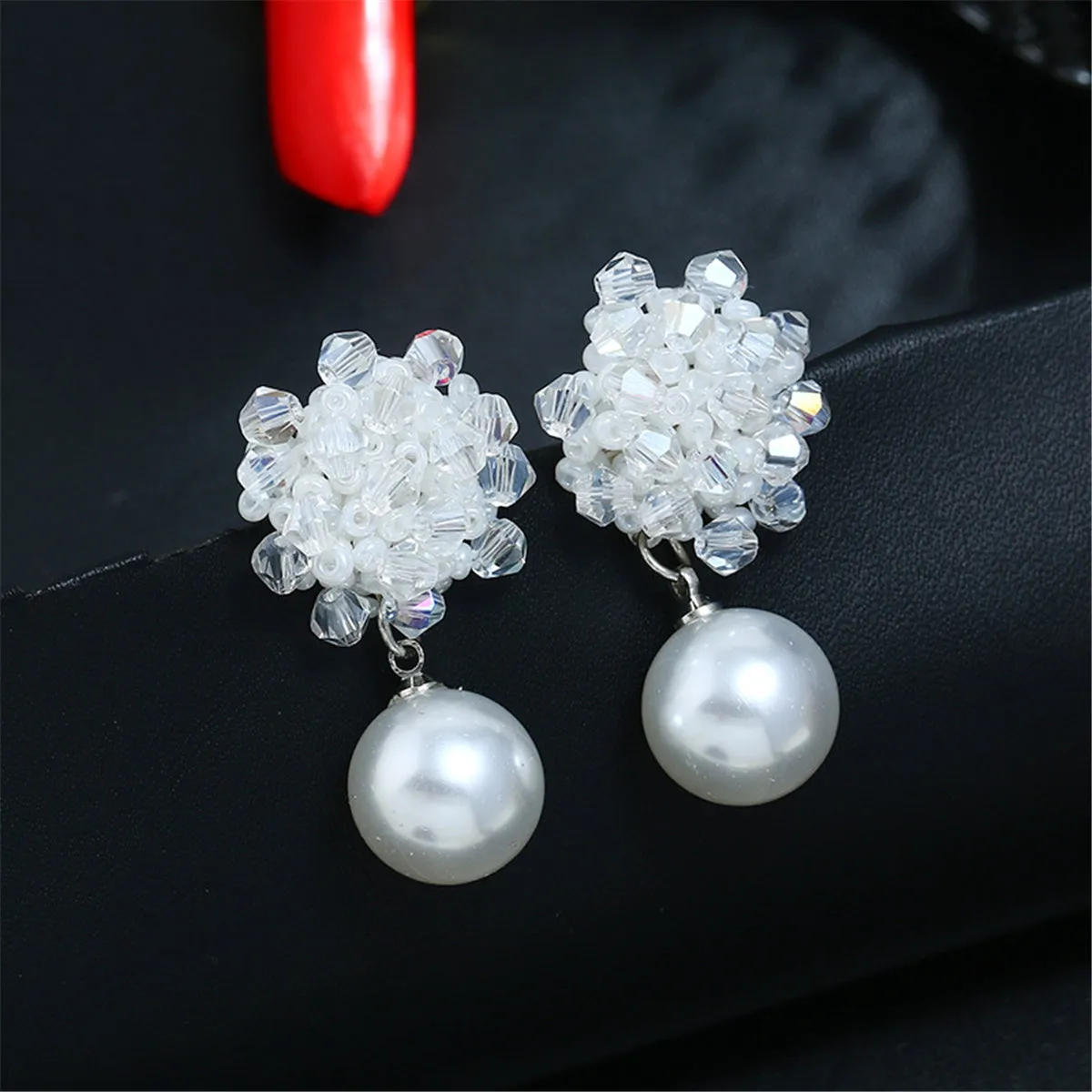 White Acrylic & Pearl Silver-Plated Bead Cluster Drop Earrings