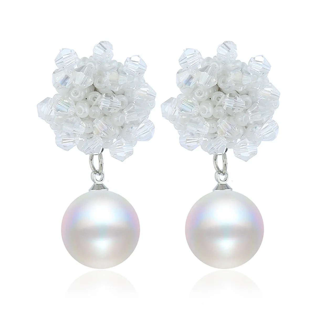White Acrylic & Pearl Silver-Plated Bead Cluster Drop Earrings