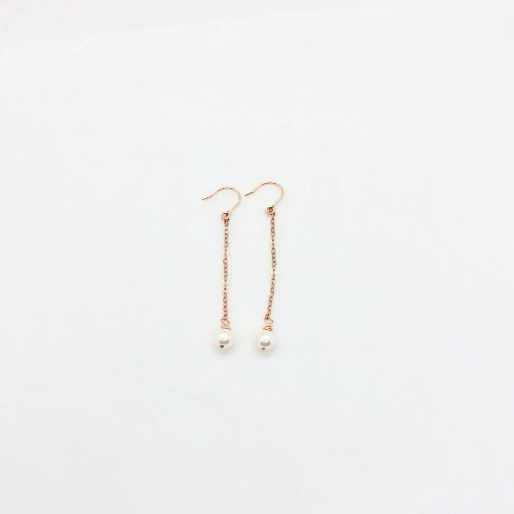 White Pearl Dangle 14K Rose Gold Earrings