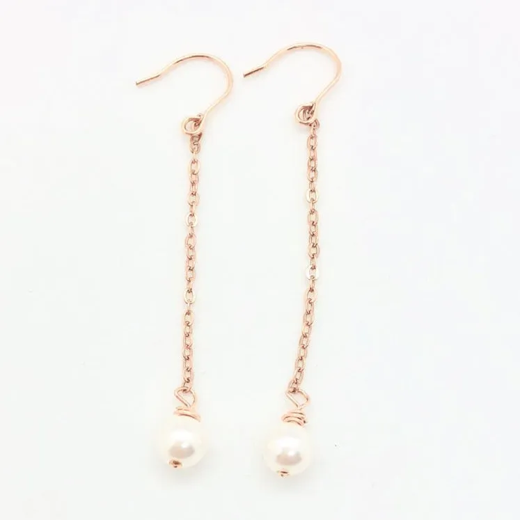 White Pearl Dangle 14K Rose Gold Earrings