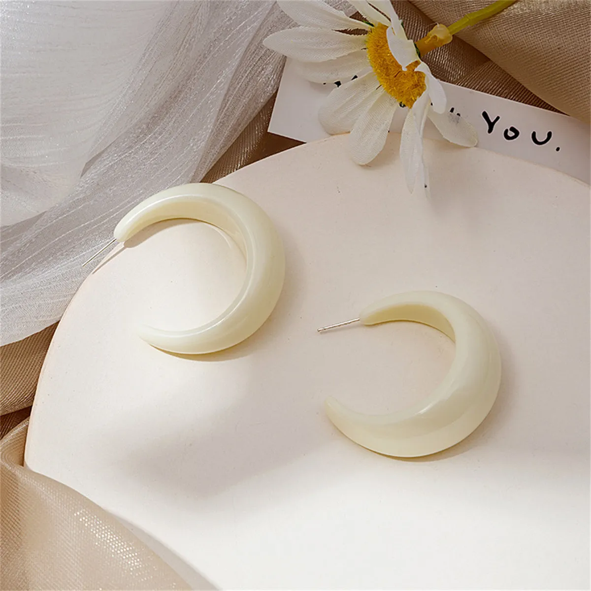 White Resin & Silver-Plated Crescent Huggie Earrings