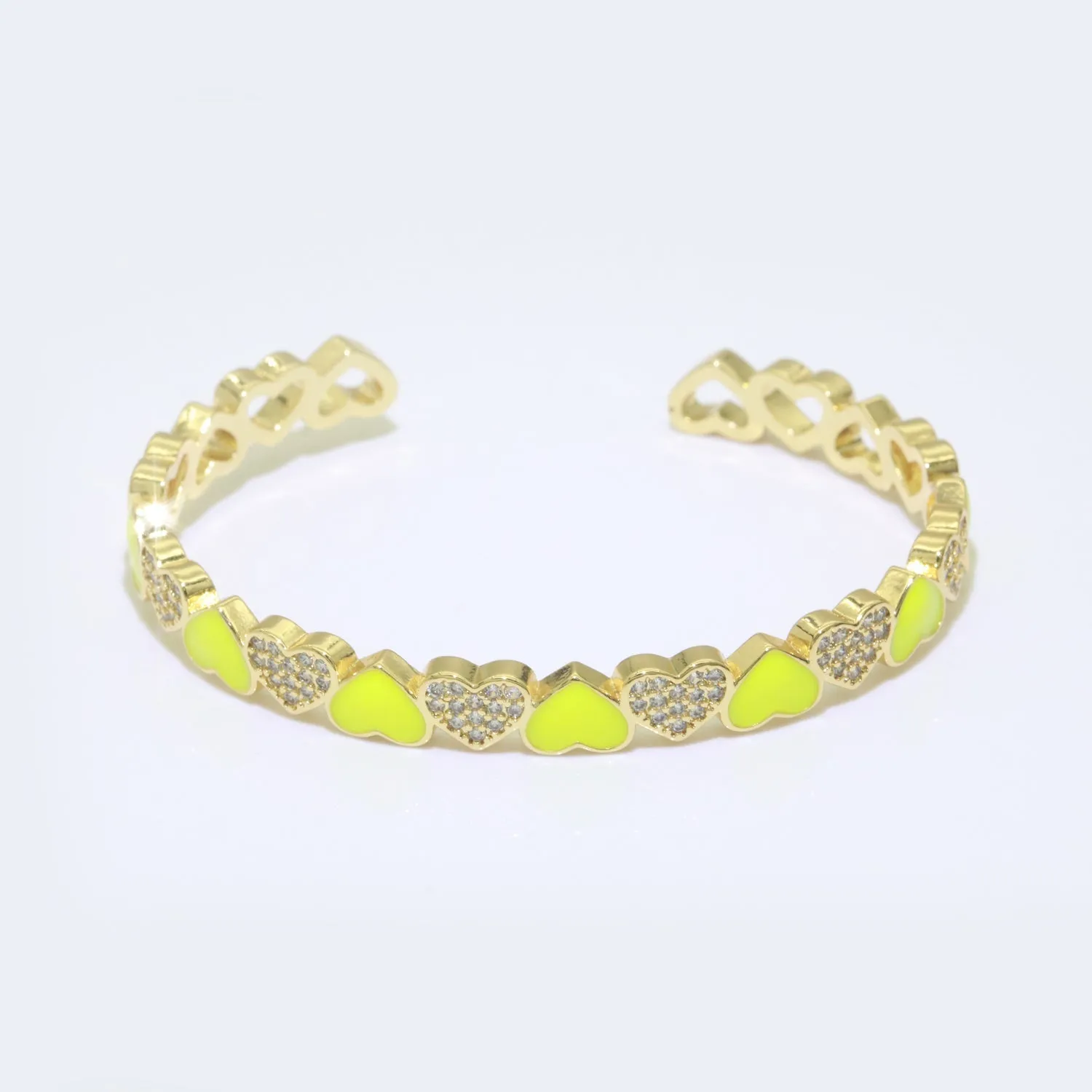 Yellow Heart Enamel 14k Gold Filled Adjustable Bangle, Gold Cuff Bangle Bracelet Micro Pave Jewelry